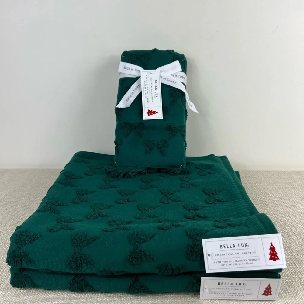 Bella Lux Bathroom Towel Set Christmas Collection Green Bows Cotton Set of 4 NEW